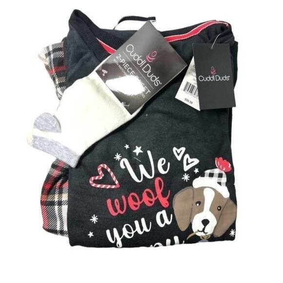 Cuddl Duds Womens Black Dog Sweater Knit Socks Pajamas 3 pc Sets Plus Sz 3X New - Picture 4 of 8
